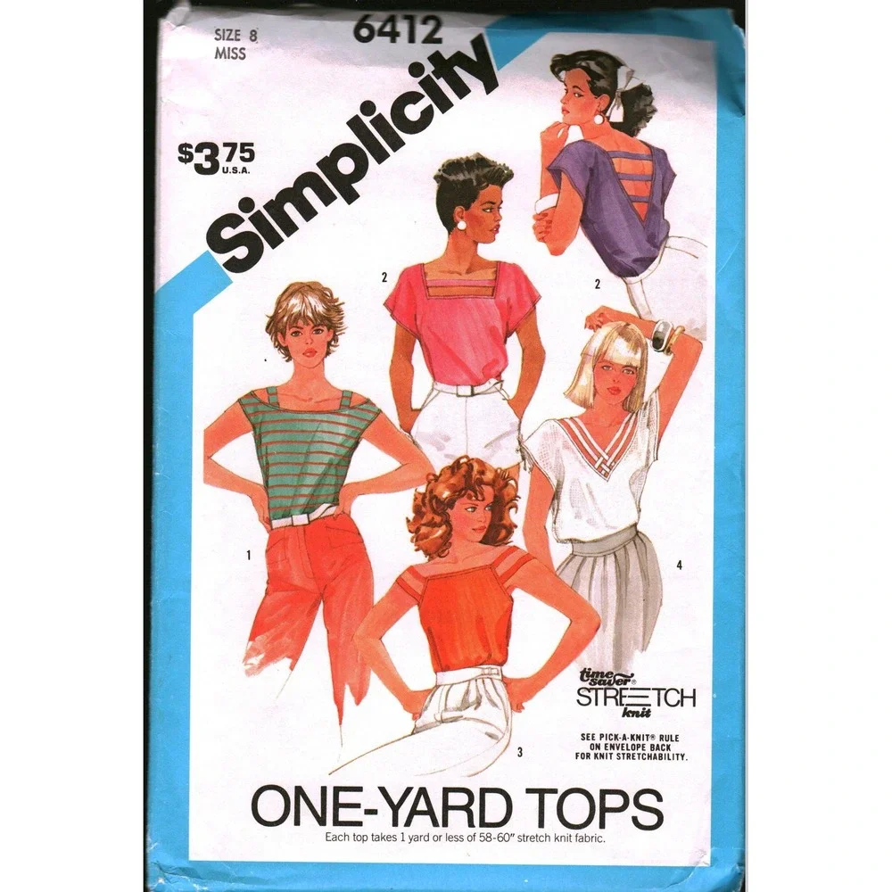 Simplicity 6412 Vintage 80s One Yard Tops Sewing Pattern Misses Size 8 Knit Tops